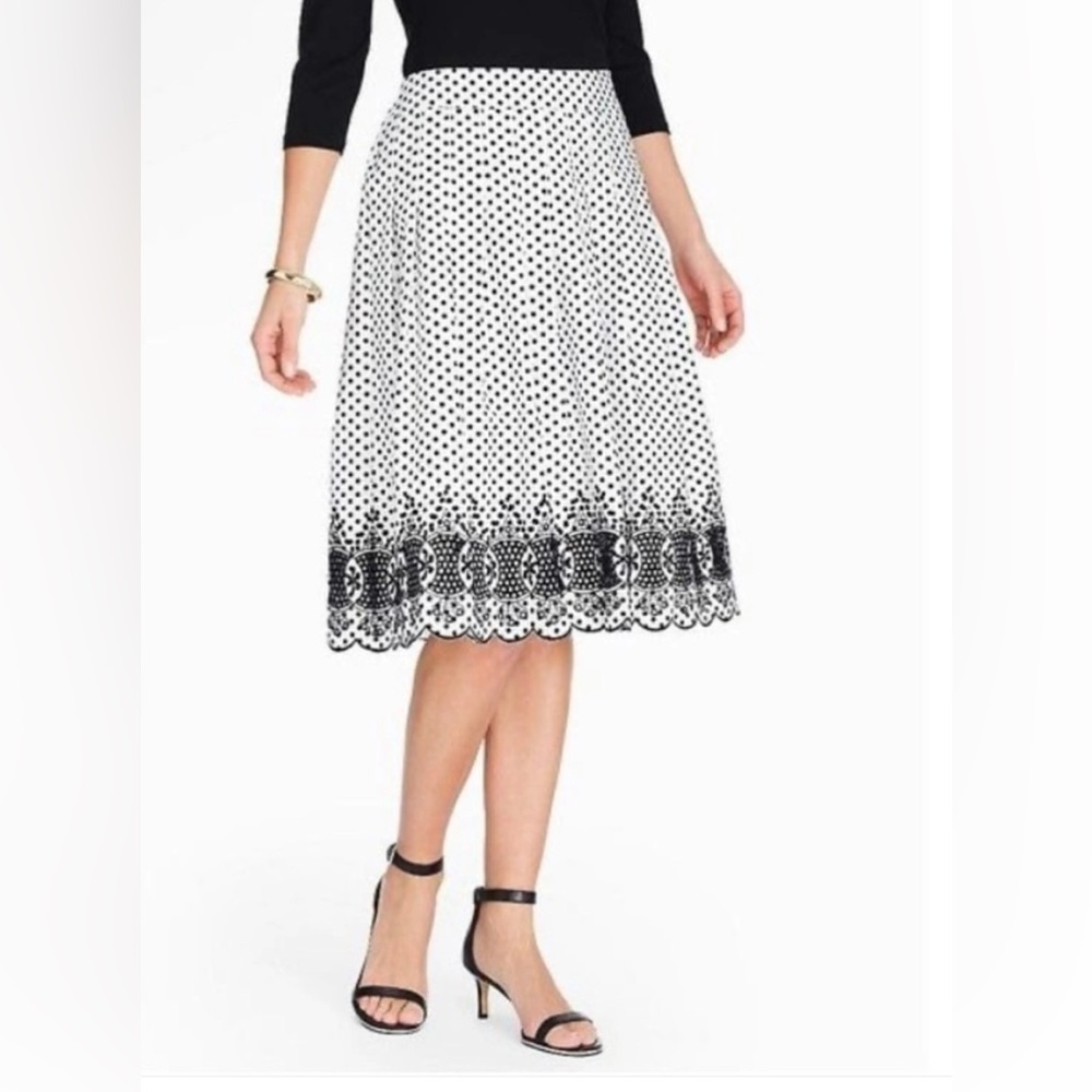 Talbots Petite Black and White Polka Dot Skirt with Embroidered Eyelet Border